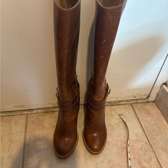 Tory Burch knee high double buckle boots leather dress shoes logo heels - Picture 2 of 11